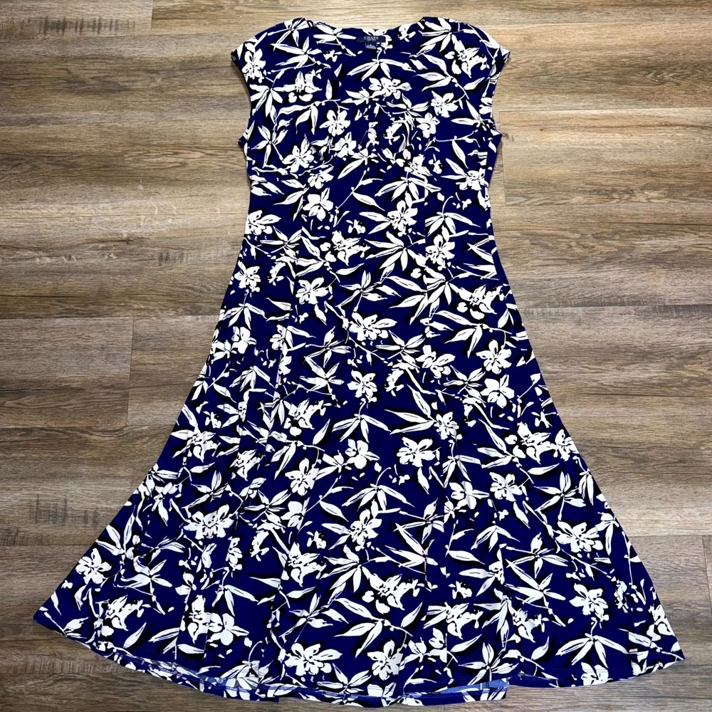 Chaps Fit & Flare Dress Womens Large Blue White Floral Print Sleeveless Stretch